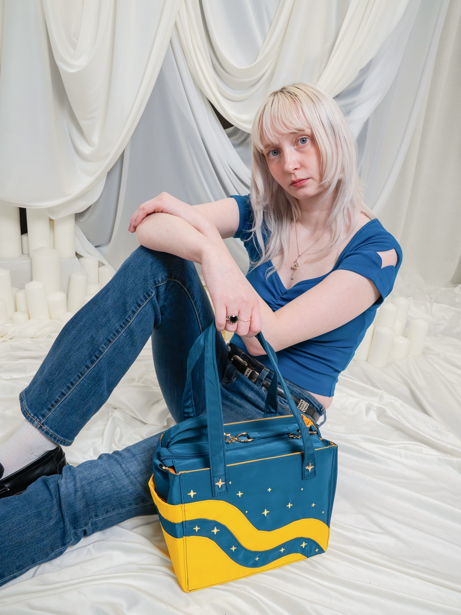 Nikki in all blue with Blue Moon Cap-Sleeve Tee and Modular Tote Purse