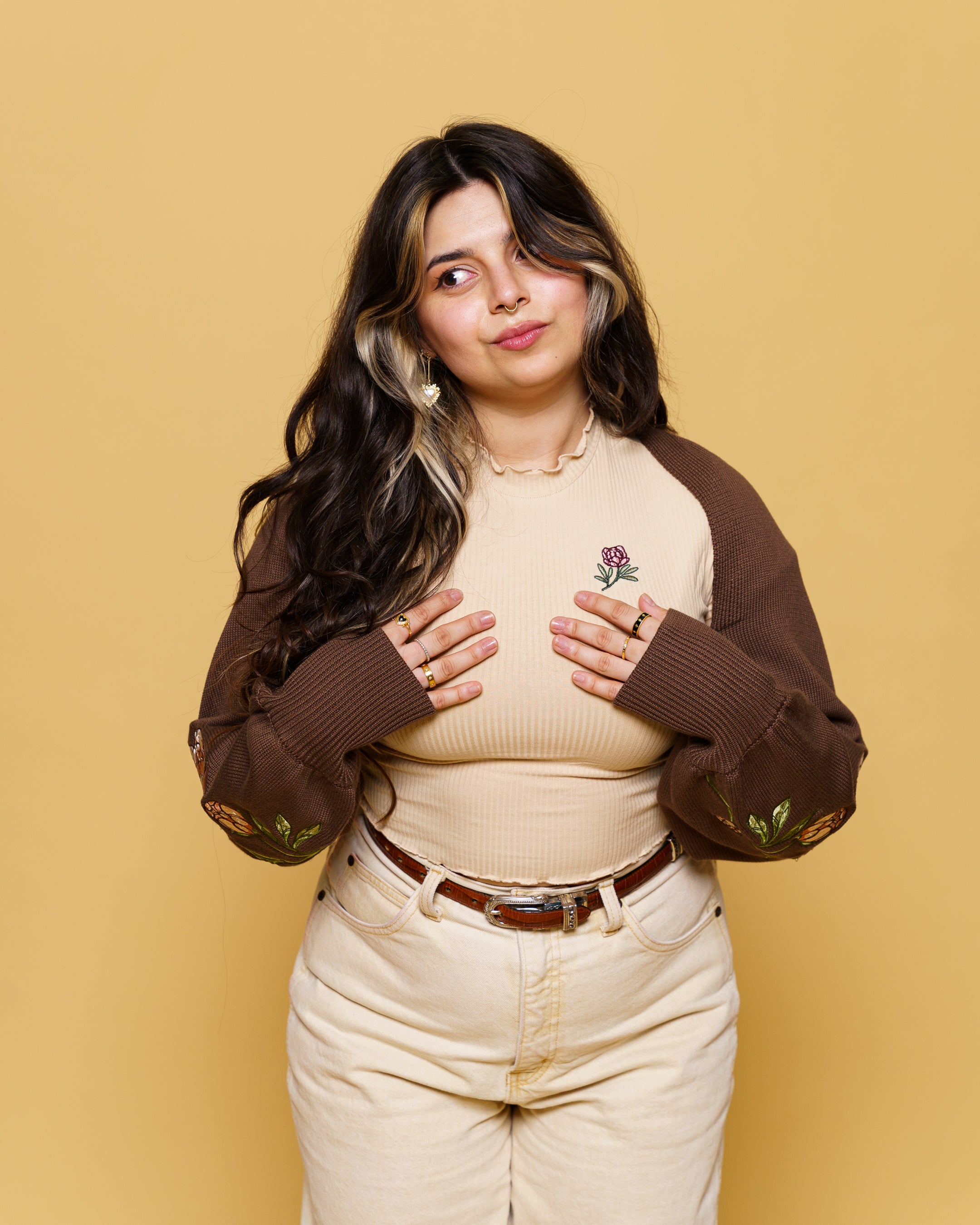 Woman wearing bashful bolero and freshly picked mini tee.