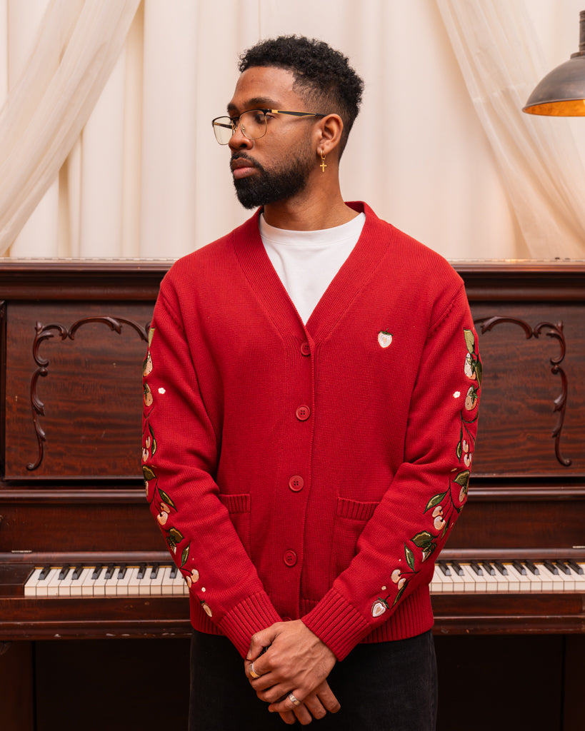 Front view of man wearing berry blend cardigan buttoned up in size large.