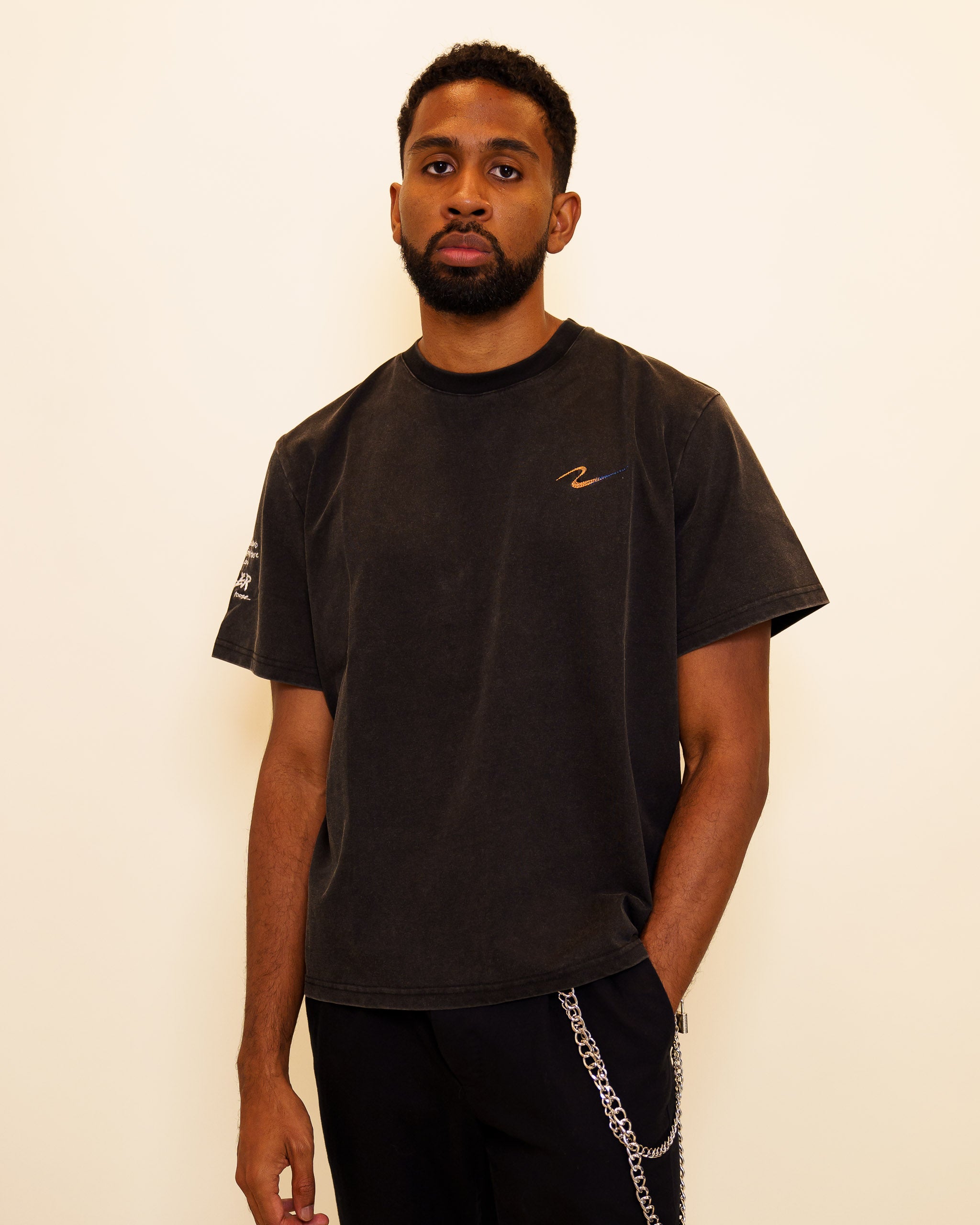 Man wearing cold case tee in size 46.