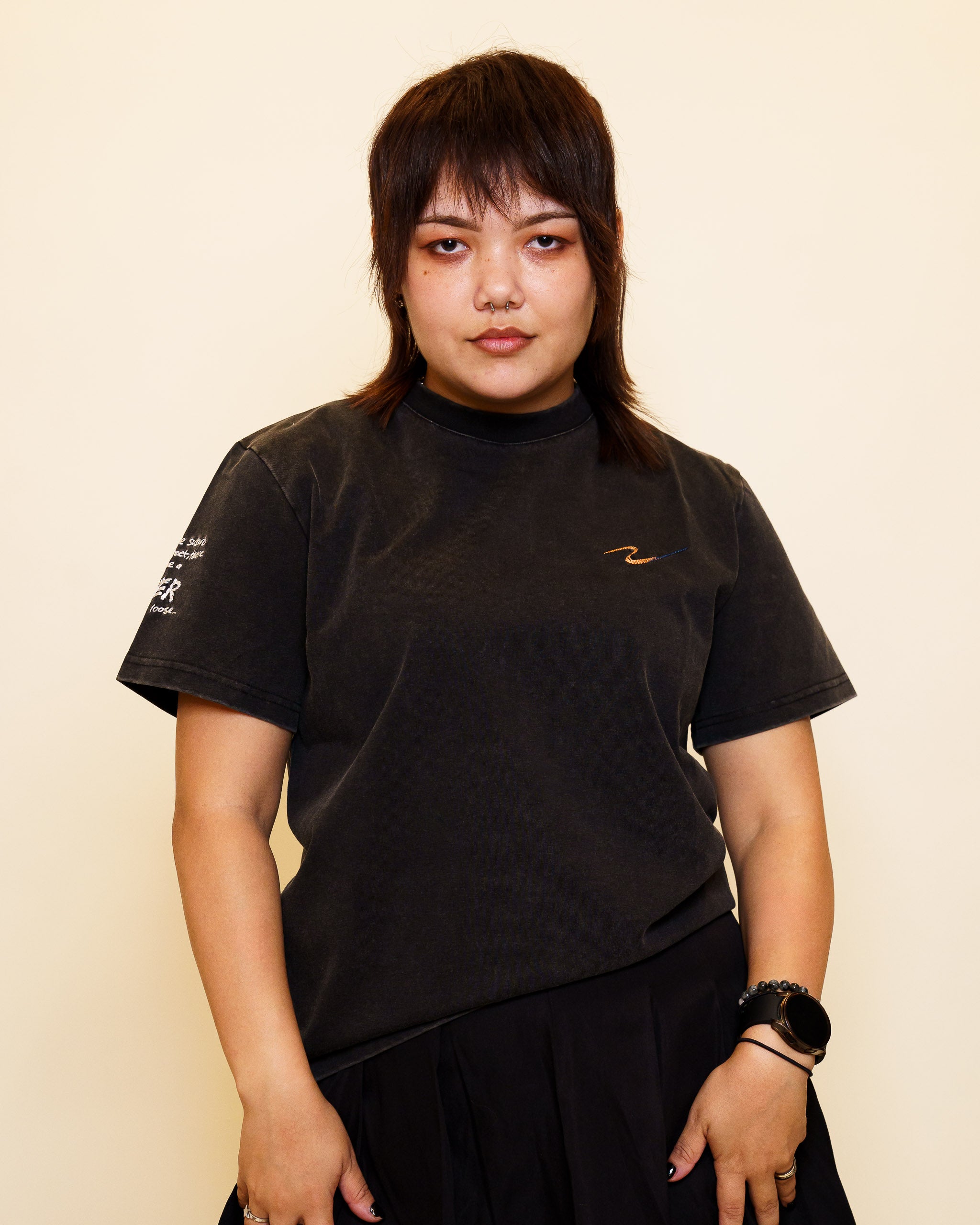 Woman wearing cold case tee in size 42.