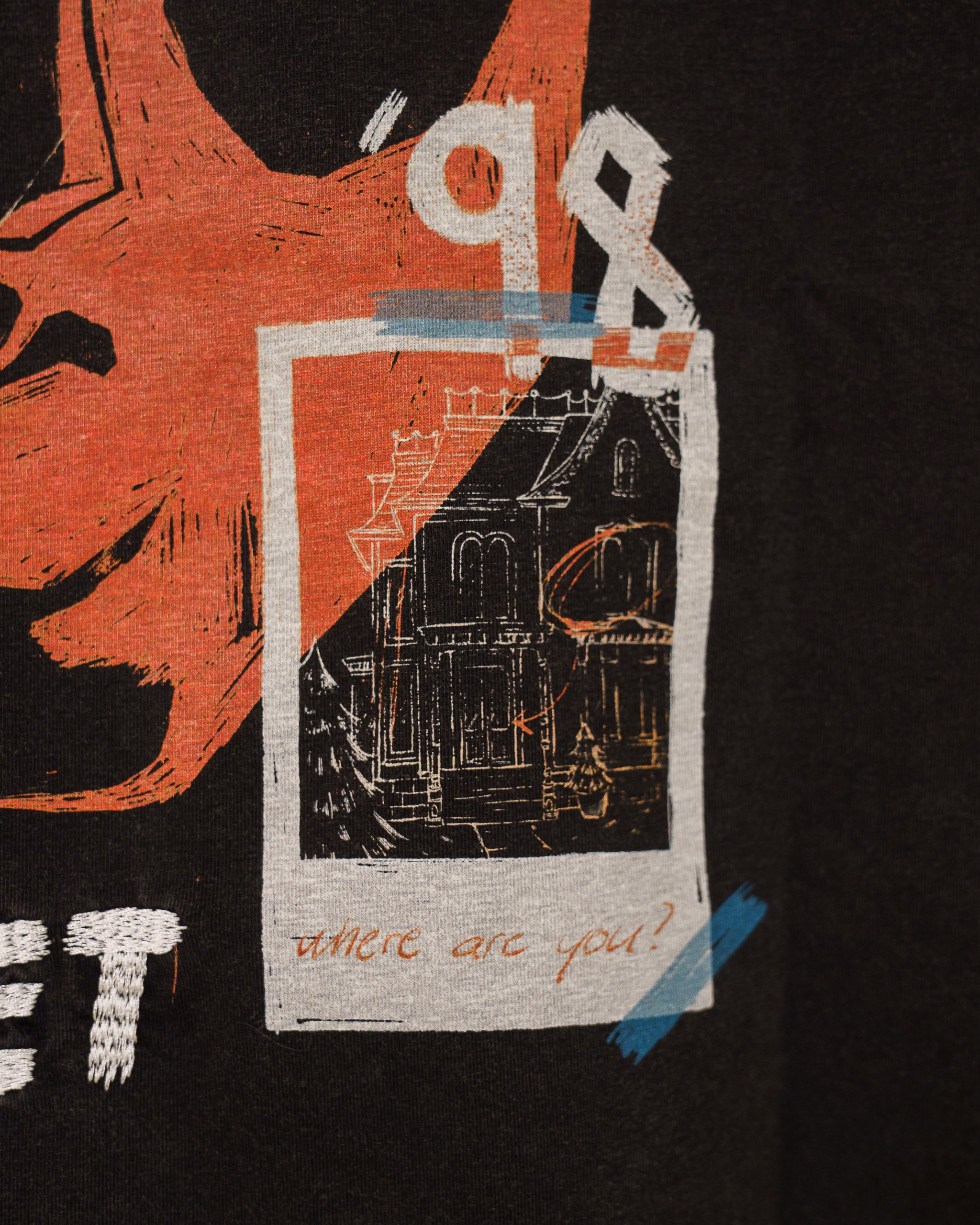 Close up of photograph design on back of tee.