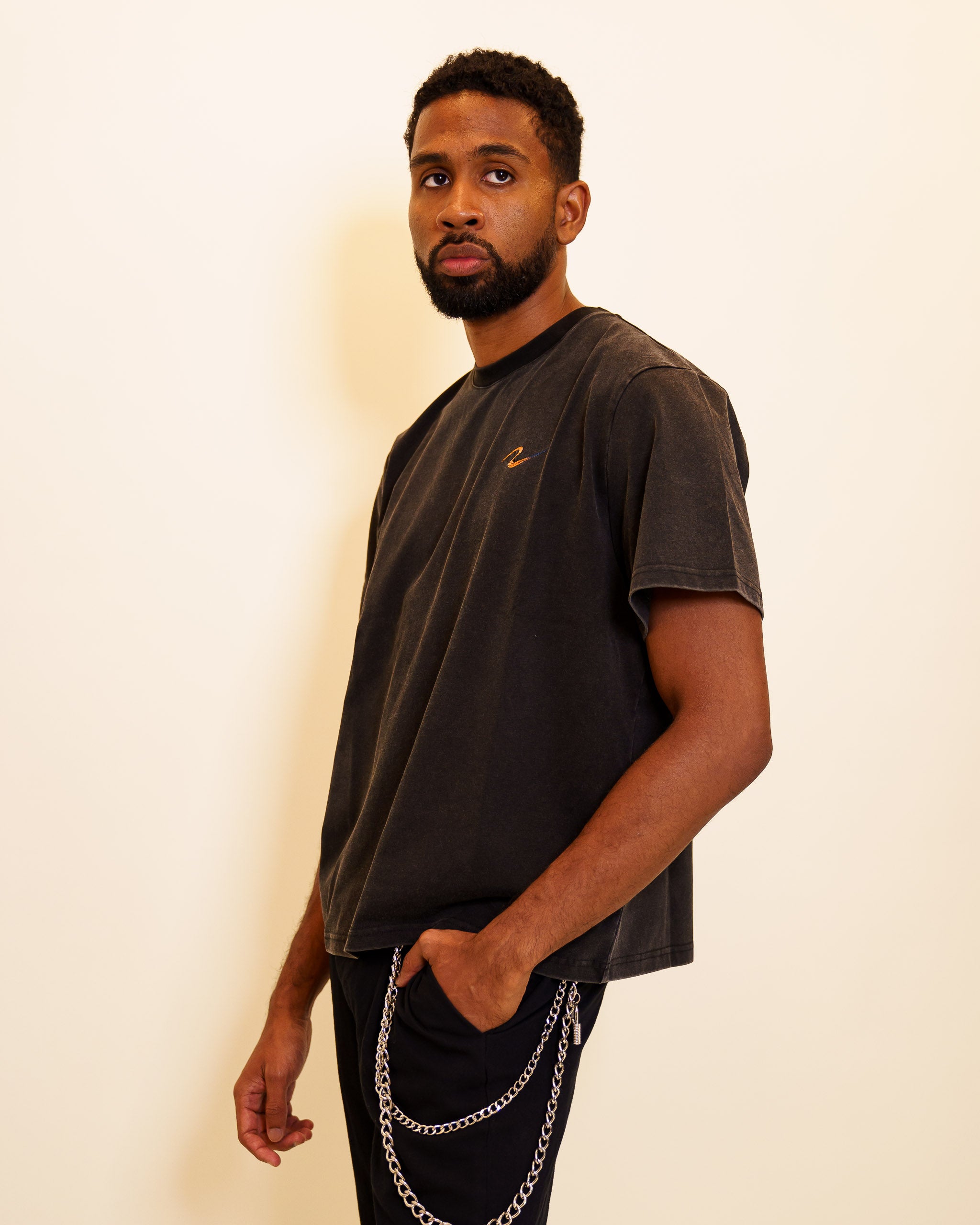 Man wearing cold case tee in size 46.