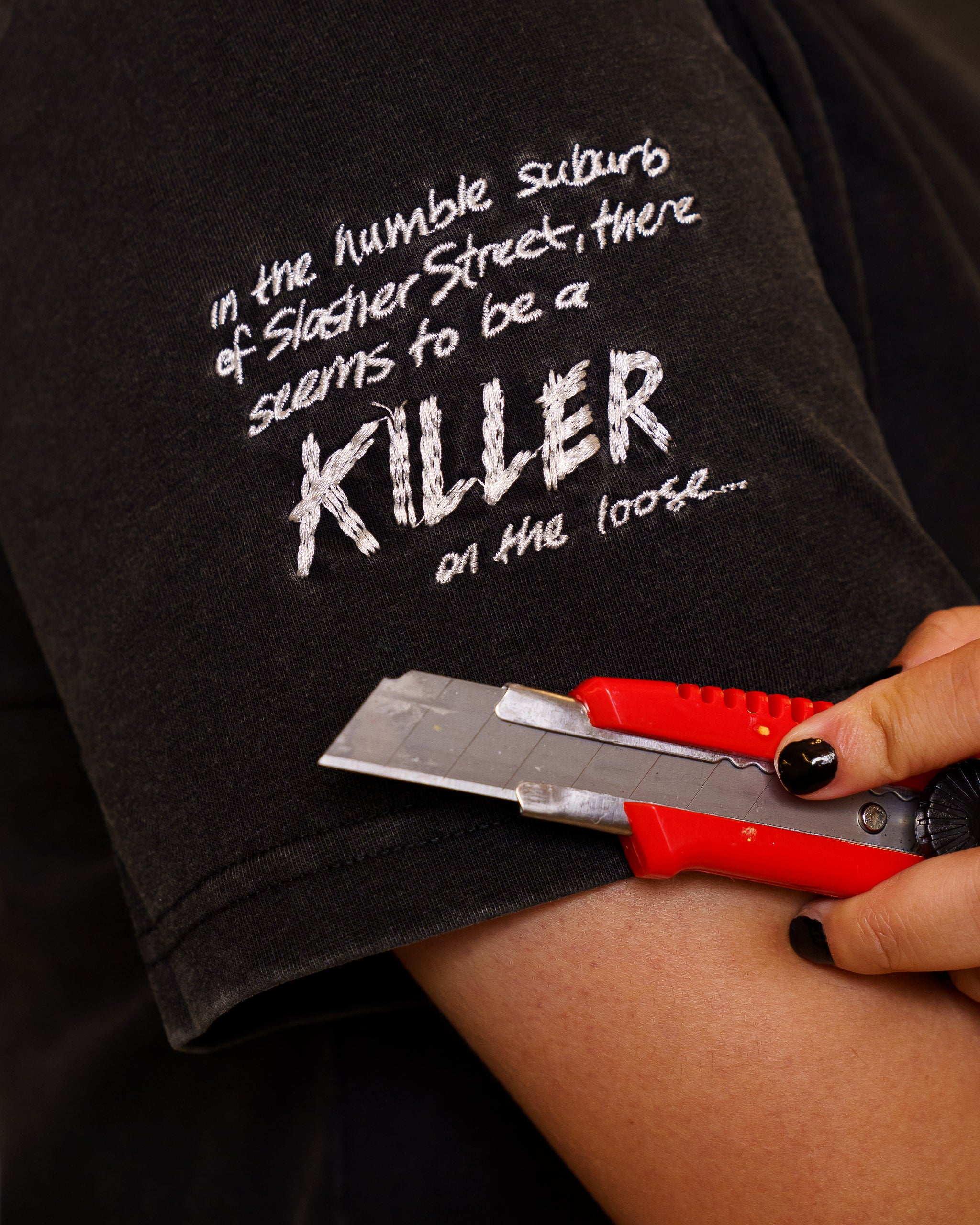 Close up of embroidered sleeve detail.