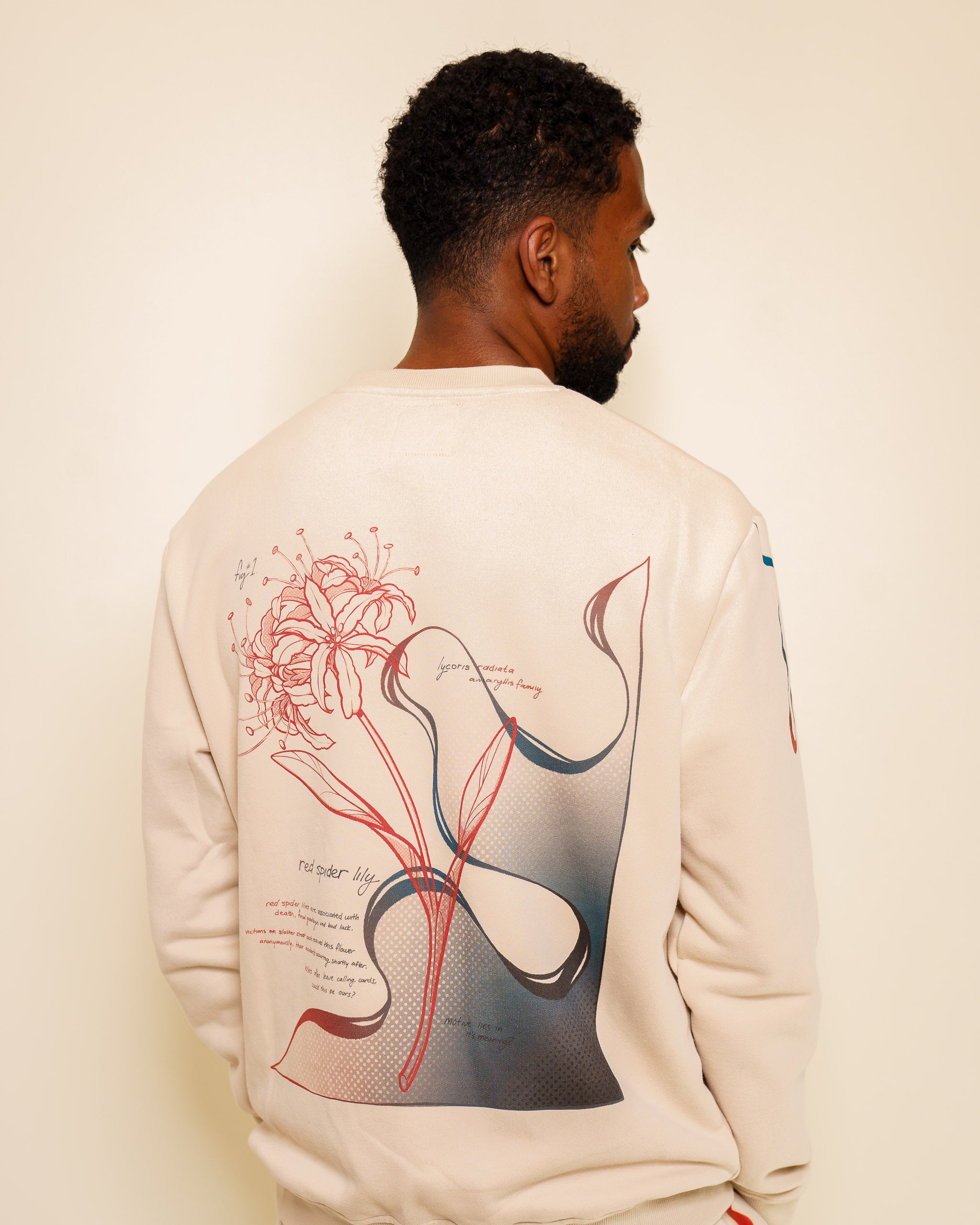Back view of intuition crewneck back graphic featuring flower, text, and blue gradient.