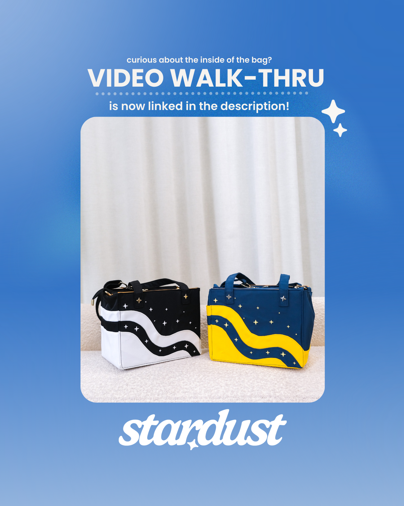 Stardust modular tote bags with text promoting the walk-through video in the listing description. 
