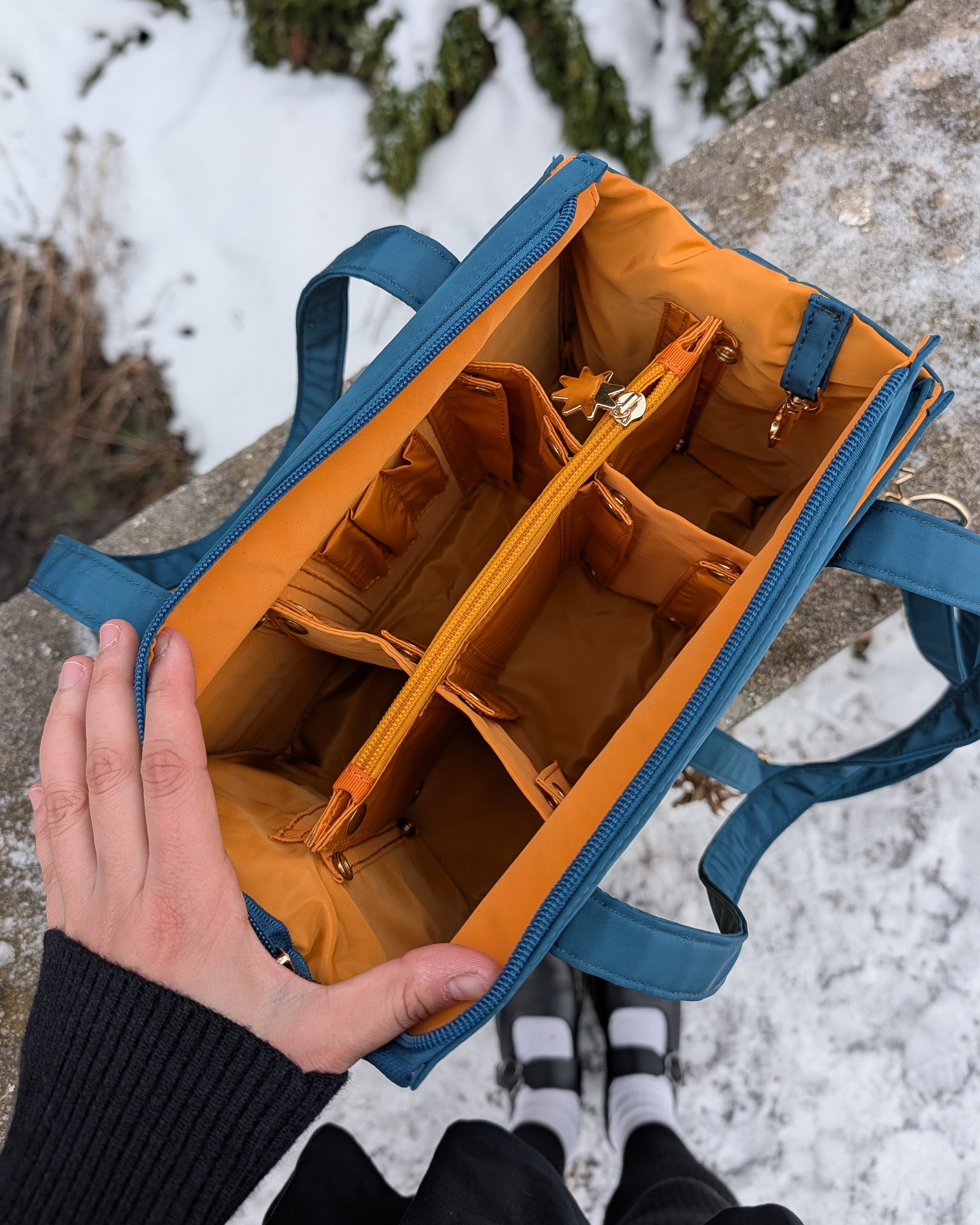 Modular tote bag interior with six compartments.
