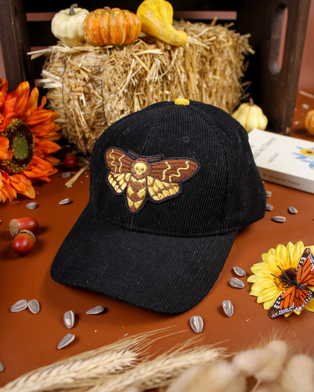 Death's head moth cap in black.
